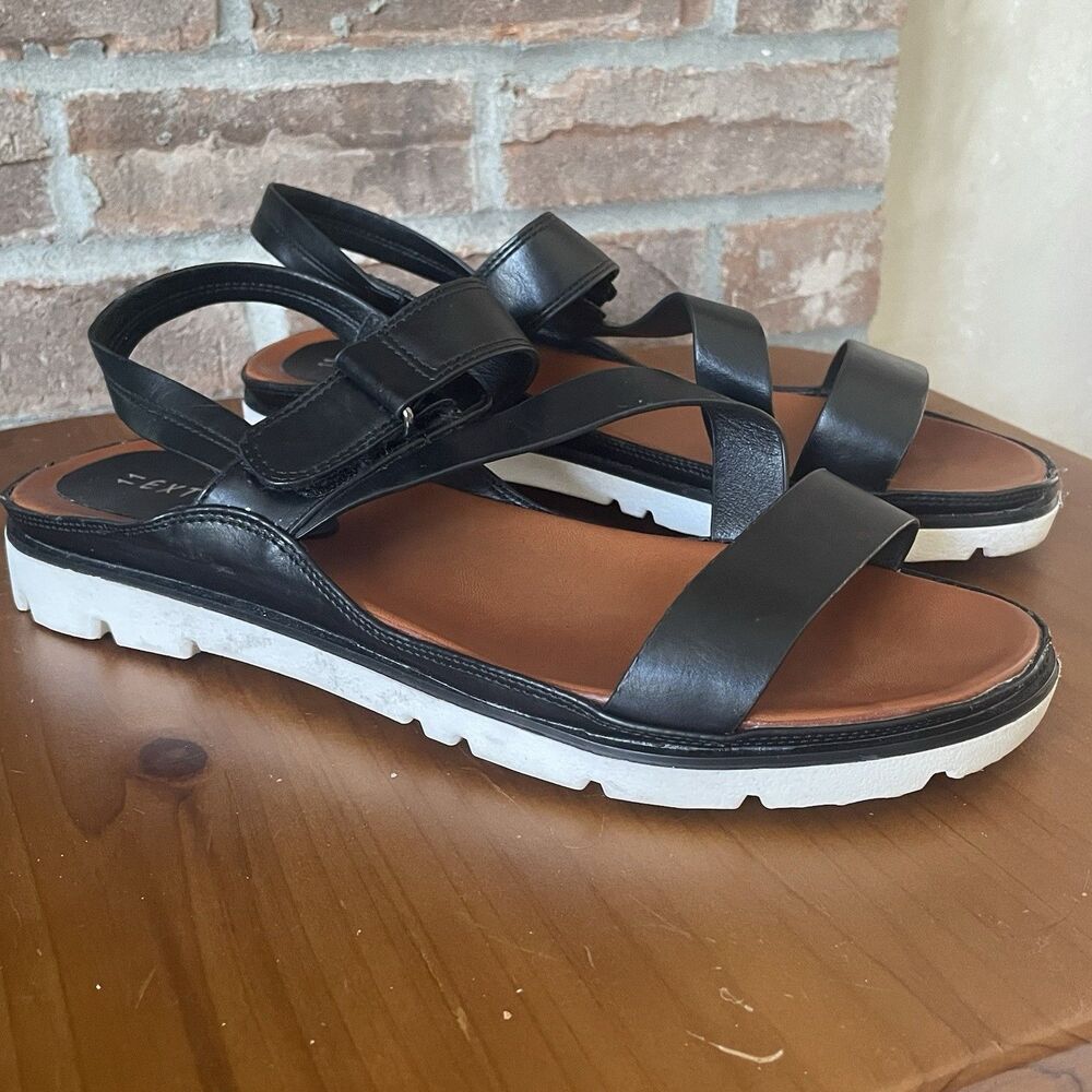 Eddie Marc Black Adjustable Double Strap Sandals Size 11 White Sole Hook Loop